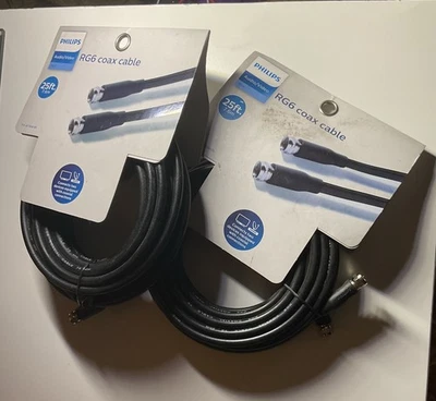 x2 Philips 25 ft (7.6 m) Audio/Video RG6 Coax Cable ▪︎ Universal ▪︎ Black ▪︎ New - Image 1 of 4