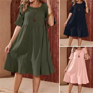Womens Short Sleeve Pleated Midi Dress Ladies Casual Baggy Cotton linen Dresses - Picture 1 of 6