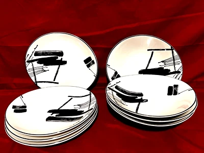 Sango Larry Laslo Calligraphy Set Of 4 Each Oval Salad Plates & Soup Bowls - Image 1 of 2