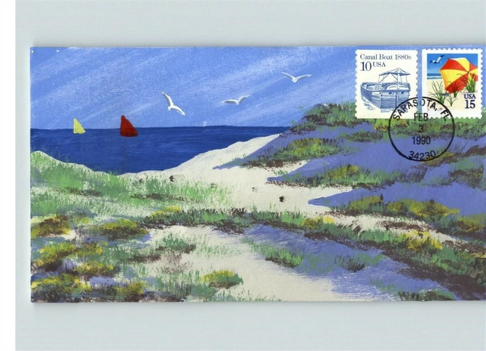 Hand Painted BEACH SCENE & Sail Boats, BEACH UMBRELLAS FDC/ Cover Scape/ Lipoff - Image 1 of 1
