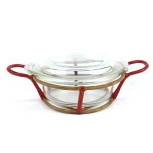 Cazuela de vidrio Schott & Gen Mainz Jena de colección con tapa portador de bambú rojo LEER - Imagen 1 de 8