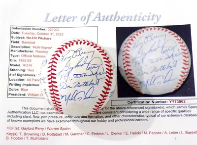 PERRY, ERSKINE,SPAHN +10 NO HITTERS SIGNED AUTOGRAPHED NL Baseball 💎JSA LETTER - Image 1 of 4