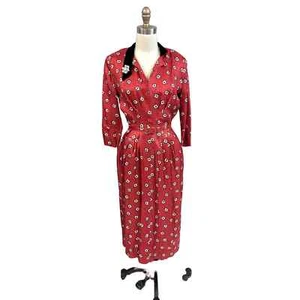 VTG Late 40s-50s Secretary Dress Wiggle M Red/Black/White Atomic Pattern Print - Picture 1 of 9