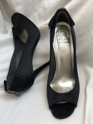 Stuart Weitzman Shoes Size 8 M Womens Black Satin Heels Pumps Peep Toe - Image 1 of 4