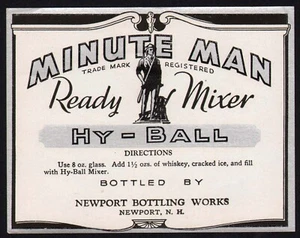 Vintage Limonadenflasche Etikett MINUTE MAN HY BALL Soldat abgebildet Newport NH - Bild 1 von 2