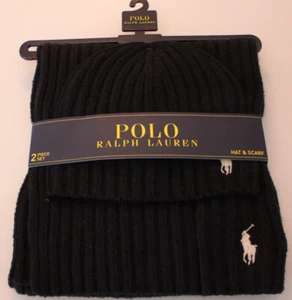 Ralph Lauren Polo Men Black Wool Blend Pony Logo - Ribbed Scarf & Beanie Hat NWT - Picture 1 of 2