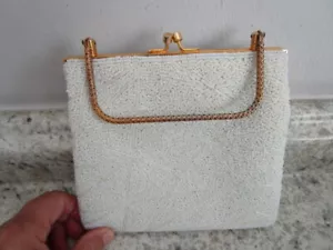 White Hand Beaded Evening Handbag with Rigid Metal Handle Elegant Prom Formal - Picture 1 of 5