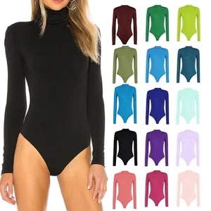 Women Polo Neck Leotard Long Sleeves Plain & Printed Turtle Bodysuit Top UK 8-26 - Picture 1 of 27