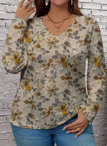NEW PLUS SIZE 20 22 24 BEIGE FLORAL PRINT T SHIRT TOP BLOUSE STRETCH LONG SLEEVE - Picture 1 of 2