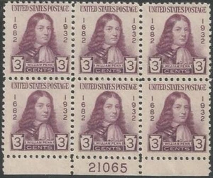 Plate Block of 6 stamps - Scott 724 - 3 cent - William Penn - 1932 - MNH - Picture 1 of 1