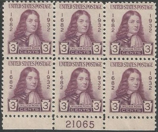 Plate Block of 6 stamps - Scott 724 - 3 cent - William Penn - 1932 - MNH - Image 1 of 1