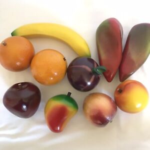 Primitive Folk Art Wooden Hand-Made Painted Fruit 10pc Wood Pieces
