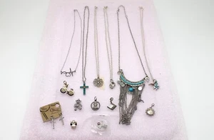 Lot Of 14 Different Size Necklaces Chains Silver Tone Pendants Earrings - Picture 1 of 5