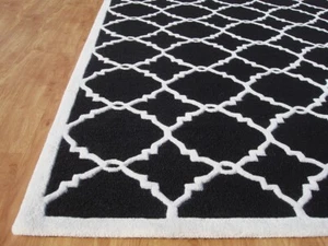 Lattice Trellis Modern Black Loop Handmade Hand-Tufted 100% Wool Area Rug Carpet - Picture 1 of 6