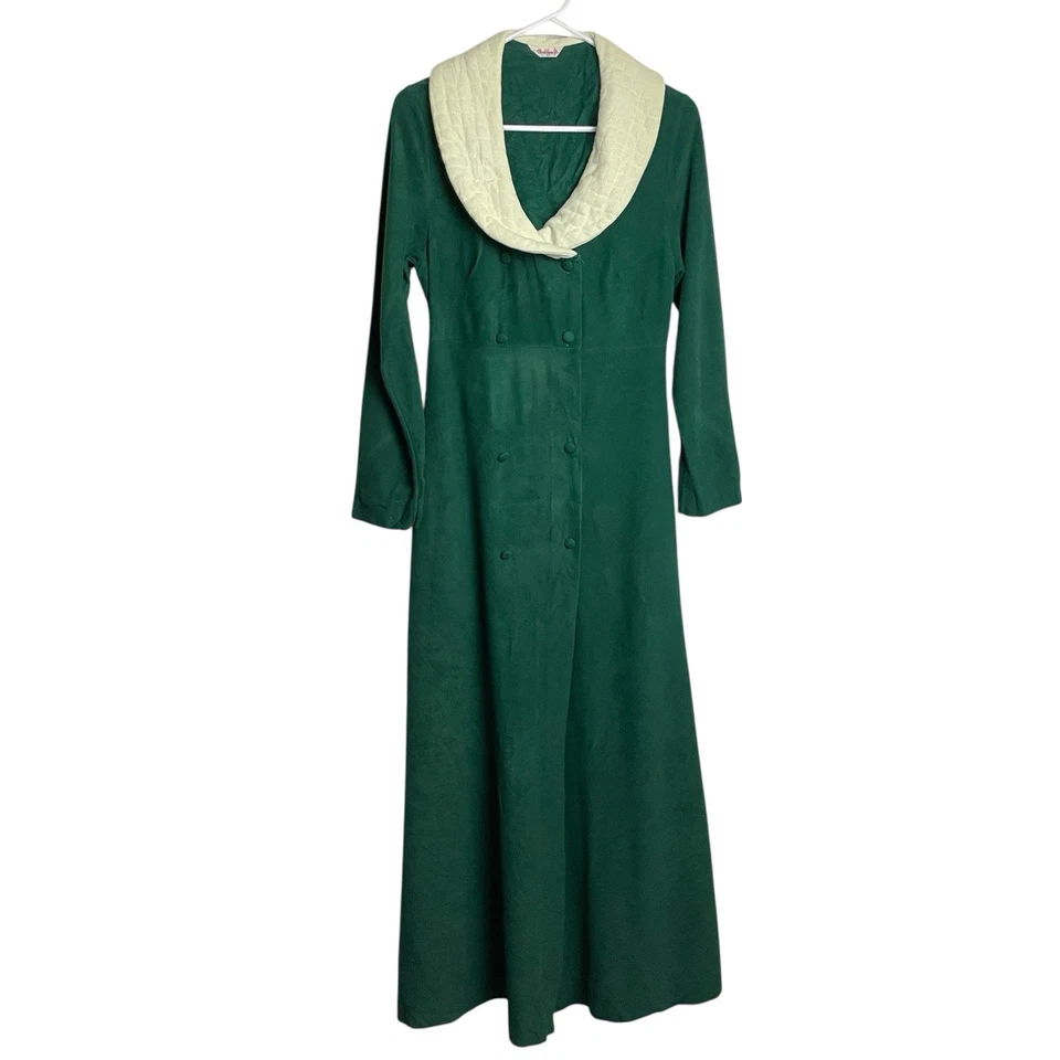 Vintage 1970s Cherri Lynn Jr Long Robe Womens S Green Velour Button Cottagecore - Image 1 of 4