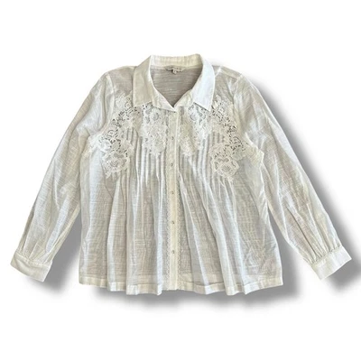 Ranna Gill White Embroidered Sheer Blouse L Lace Floral Boho Top - Image 1 of 4