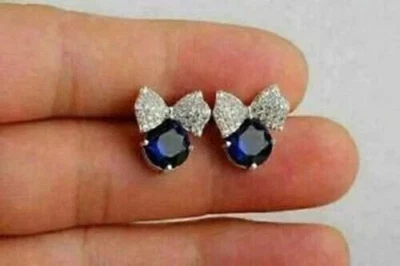 2Ct Lab-Created Blue Sapphire & Diamond Bow Stud Earrings 14K White Gold Plated - Image 1 of 4