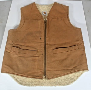 Vintage Carhartt Distressed Brown Sherpa Lined Duck Canvas Hunting Vest - Picture 1 of 16