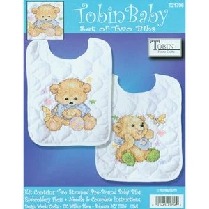 Tobin Stamped Cross Stitch Bib Pair Kit 8"X10" 2/Pkg-Baby Bears T21706 - Picture 1 of 2