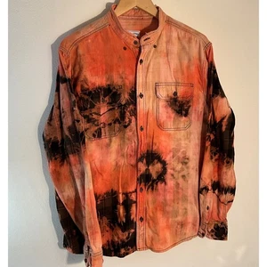 Never 2 Fly 2 Pray Bleach Tie Dye Flannel Shirt Mens L Button Up Orange Black - Picture 1 of 6