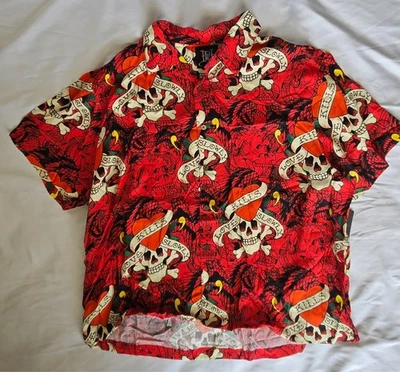 Camisa DON ED HARDY Hombres Tatuaje Obra de Arte Gráfica Manga Corta Roja Talla XL XXL Foto 1 de 2