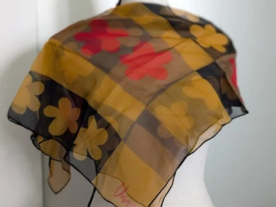 Vintage Vera Neumann Floral Silk Chiffon Scarf Orange Black Red 25x25" - Image 1 of 4