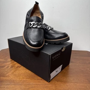Vionic Charm Cynthia Lug Sole Slip Black Loafers Leather Shoes Womens 7.5 New - Picture 1 of 11