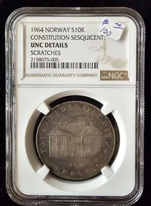 1964 NORWAY Silver, 10 Kroner 150th Anniversary of Constitution NGC UNC DETAILS - Picture 1 of 2