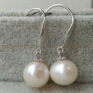 AAA+ Perfect 7-8mm White Akoya Round Pearl Dangle Earrings 14K White Gold - Picture 1 of 10