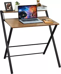 Folding Desk No Assembly Required Small Size, 2-Tier Foldable Computer Desk with - Picture 1 of 9