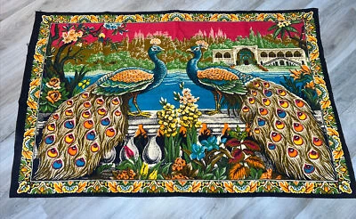 Vintage Wall Hanging Tapestry Peacocks Vibrant Colors 38x60 READ - Image 1 of 4