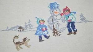 A BOY & SISTER BUILD SNOWMAN W/ DOG! VINTAGE GERMAN WINTER TABLECLOTH CHRISTMAS? - Picture 1 of 12