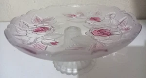 Kuchenständer aus geschliffenem Glas - rosa Rosen, mattiert - 8 cm hoch, 18 cm Durchmesser - Vintage - Bild 1 von 3