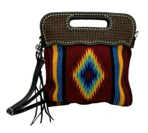 New! WOOL SADDLE BLANKET HANDBAG w/ Leather basket tooled handle Shoulder strap - Picture 1 of 1