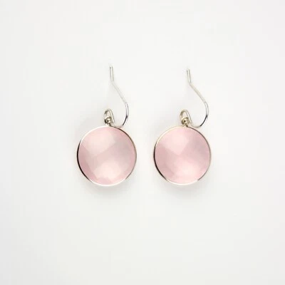 Rose Quartz Dangle Earrings 16mm Round Checkerboard Cut Set In 14k White Gold - Image 1 of 3