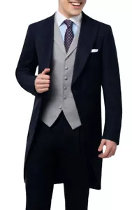 TAILCOAT JACKET MORNING COAT NAVY WEDDIING ROYAL ASCOT HERRINGBONE FORMAL WOOL - Picture 1 of 10