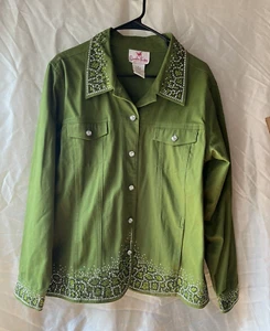 Quacker Factory Women’s Olive Green Jacket Embellished Rhinestone Large - Picture 1 of 4