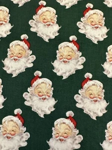 RETRO VINTAGE CHRISTMAS SANTA CLAUS FACES HEADS ON GREEN COTTON FABRIC HALF YD - Picture 1 of 5