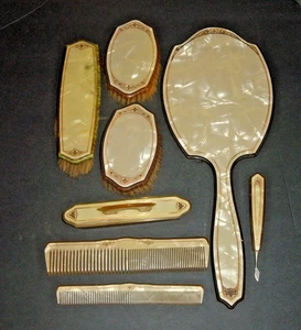 Vintage 8 Piece "PYRALIN" Bakelite Dresser Ladies Vanity Mirror Brush Comb Set - Picture 1 of 4