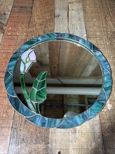 Vintage Buntglas blei Spiegel hängend 11" rund rosa Lilly - Bild 1 von 14