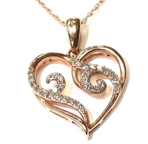 Ciondolo ciondolo cuore vortice oro rosa 10 carati .20 ct diamante 2,2 g catena collana tenuta - Foto 1 di 6