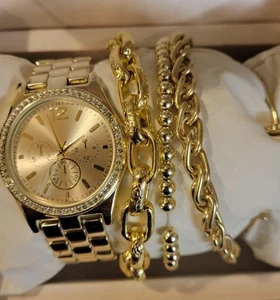 Gold Tone Watch And Bracelet Gift Set By Folio - Picture 1 of 5