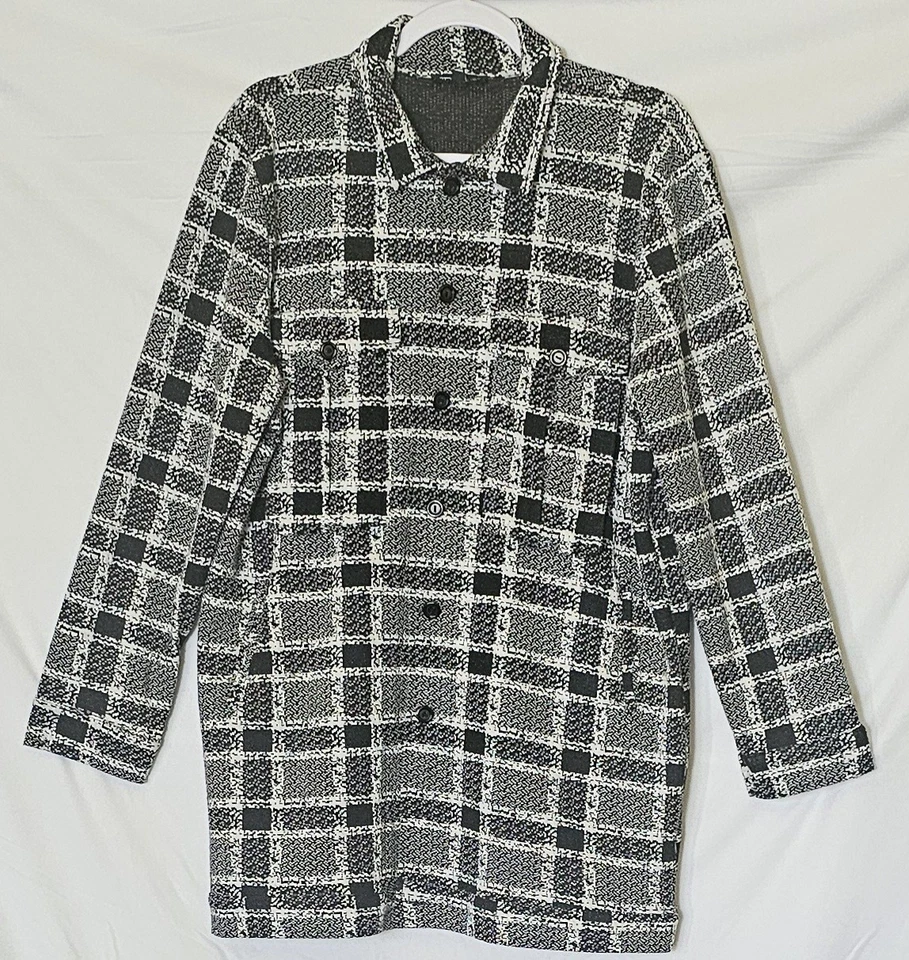 Casaco vintage feminino preto/branco xadrez leve 4 bolsos frontais tamanho LG - Imagem 1 de 4