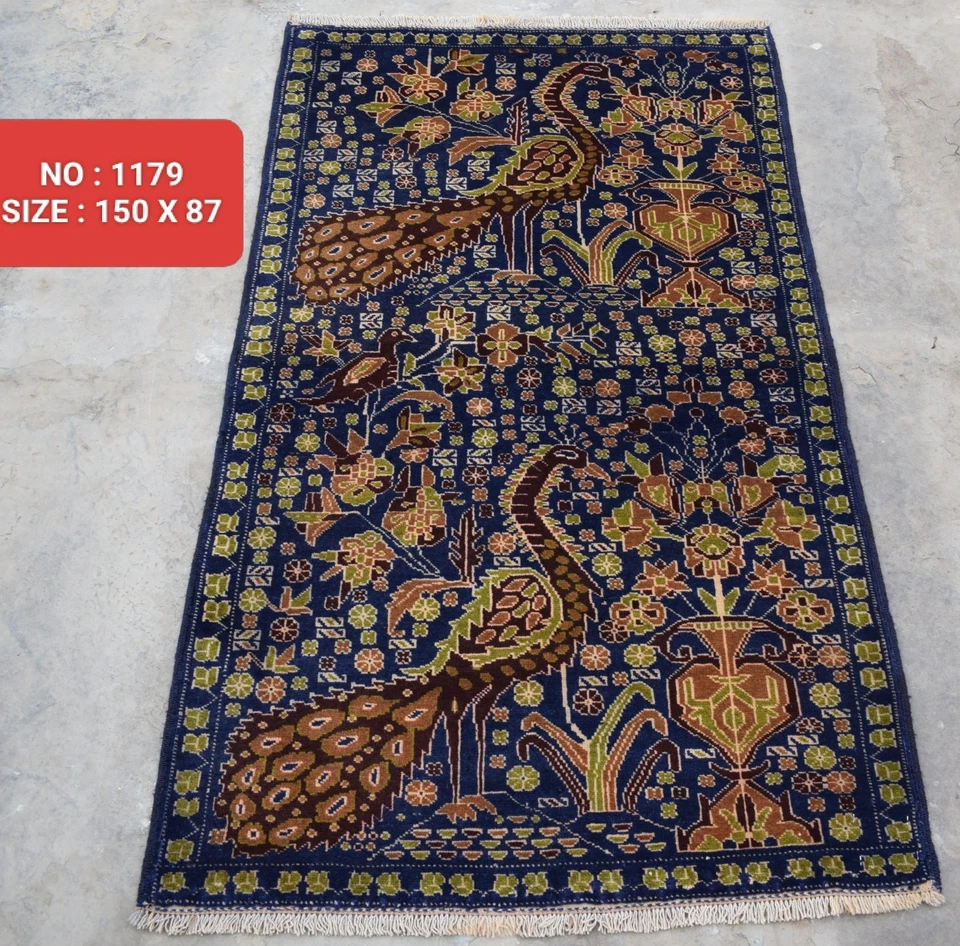 Alfombra de guerra afgana hecha a mano Nº 1179, alfombra antigua, alfombra de guerra impresa de pavos reales, 5 x 3 pies Foto 1 de 1