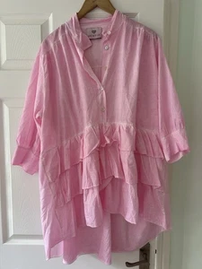 Italian Ladies Lagenlook Tunic Top Candy Pink Ruffle Front One Size 12-20 - Picture 1 of 8