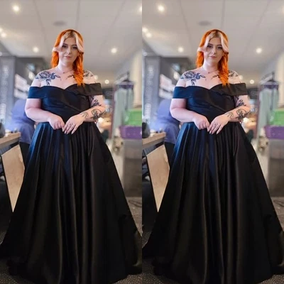 Vestidos de noiva plus size preto cetim fora do ombro varredura trem vestidos de noiva - Imagem 1 de 4