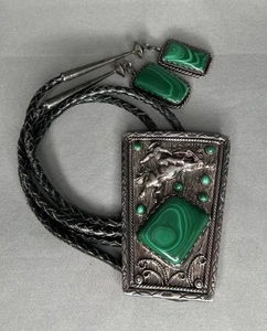 Rare Native American Navajo Malachite Sterling Silver Signed 'ttt' bolo tie - Picture 1 of 8