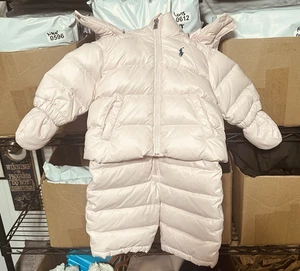 Ralph Lauren Baby Snow Bib and Puffer Coat w/ Mittens Newborn NB Duck Down Pink - Picture 1 of 6