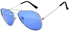 BLUE COLOR LENS AVIATION MEN WOMEN SUNGLASSES SILVER FRAME SHADES UVB PROTECTION - Picture 1 of 8