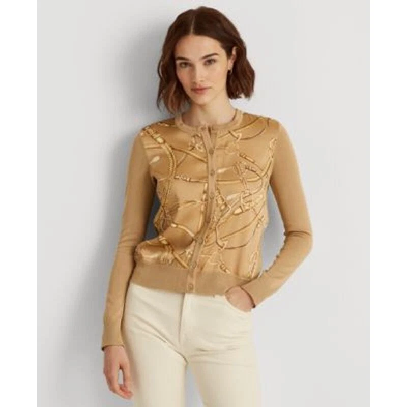 Suéter cárdigan estampado ecuestre tostado Lauren Ralph Lauren para mujer, talla mediana Foto 1 de 1
